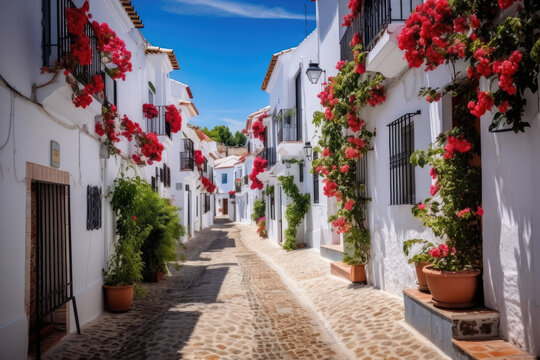 Fototapeta Picturesque narrow street in Spanish city old town. Typical traditional whitewashed houses with blooming plants, flowers, cobbled street in a small cozy town in Spain