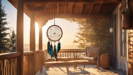A dream catcher hangs on the veranda of a house in a natural wilderness area