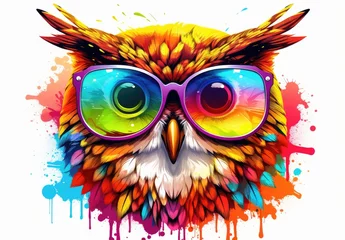 Poster A cute multicolored owl with glasses is painted with watercolors. Close portrait of eagle-owl with paint splashes. Digital art. Printable design for t-shirt, bag, postcard, case and other products. © Login