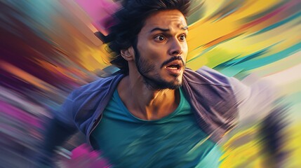 Running man. Marathon runner. People activity. Design for sport. Original acrylic or oil painting background made with paint strokes.  Interior painting. Illustration for cover, poster or banner.