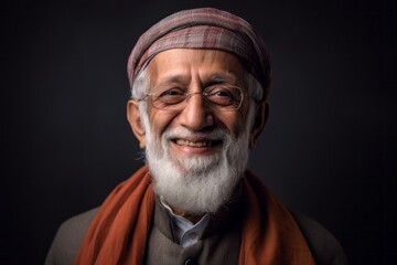Lifestyle portrait of an Indian man in his 70s wearing hijab in a minimalist background