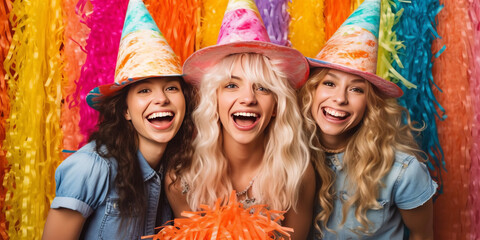 Enthralling, vibrant celebration marking transition to adulthood with three radiant women playfully battling toy-shaped piñatas against a bright, candy-colored backdrop.
