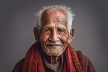 Medium shot portrait of an 100-year-old elderly Indian man in a minimalist background
