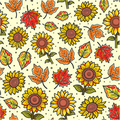 Autumn vibes - seamless pattern of colorful sunflowers and fallen leaves