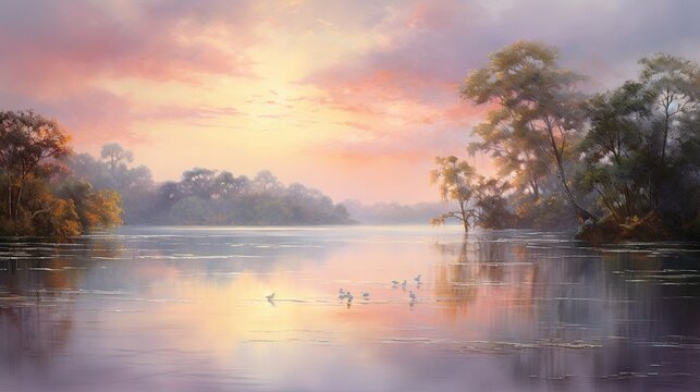  a painting of a lake with ducks swimming in it at sunset.  generative ai