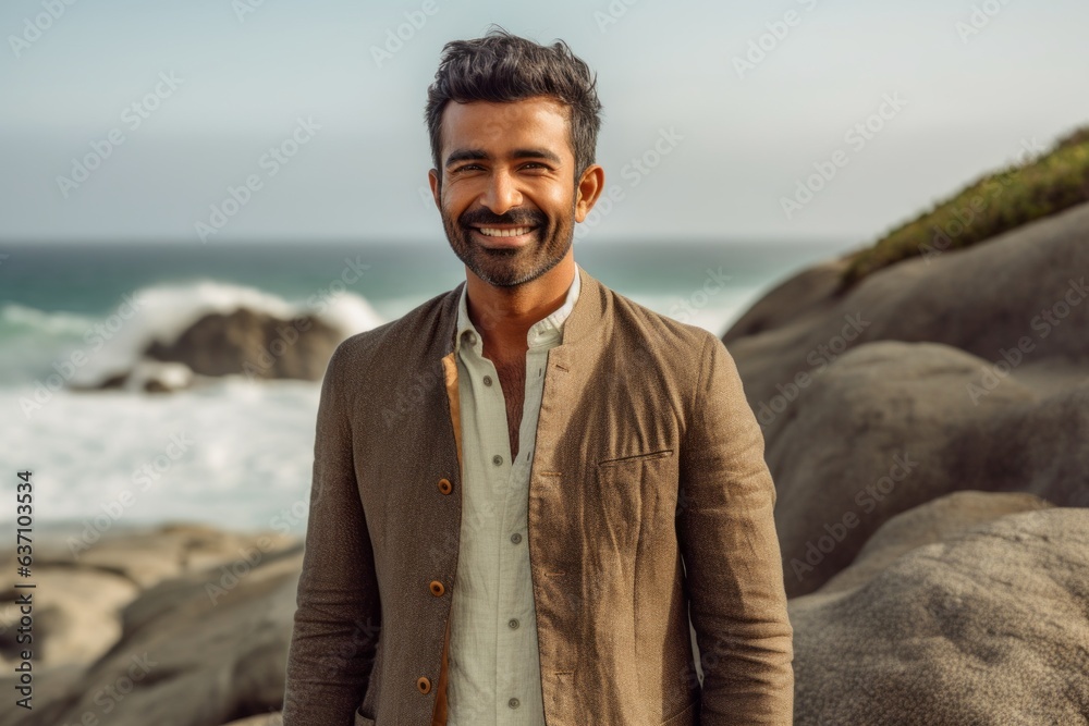 Wall mural Group portrait of an Indian man in his 30s in a beach 