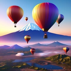 montgolfières, au dessus de la region du mont fuji, japon, incrit au patrimoine mondial de l'UNESCO, generative ai