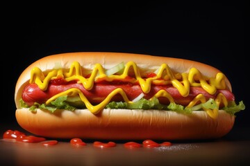 Hot dog with sausage, cucumbers, lettuce and tomatoes. Street food menu. Generative AI