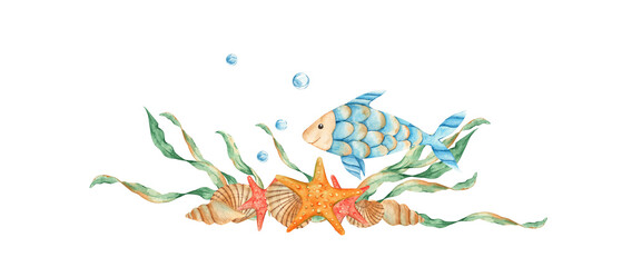 Fototapeta na wymiar Underwater garland composition of fish, seaweeds, red starfish, seashells and watter bubbles. Watercolor marine illustration. For cards, menu, marine beach design.