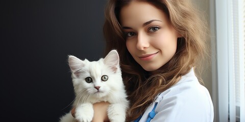 A female veterinarian holds a cute cheerful cat her arms nearby. Generative AI