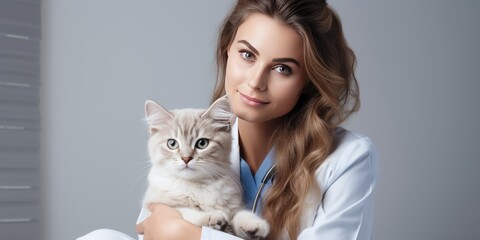 Woman veterinary with a cat. Generative AI
