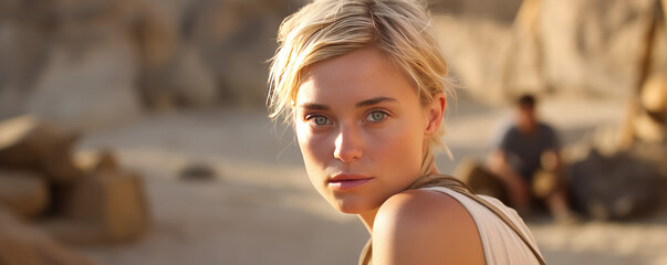 Captivating young blonde archaeologist in desert, wiping sweat, with archaeological dig site as blurred backdrop. Ideal layout with ample empty side space.