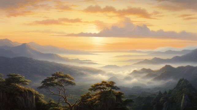  a painting of a sunset over a mountain range with trees.  generative ai