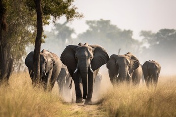 A majestic herd of elephants gracefully walking down a rustic dirt road - obrazy, fototapety, plakaty