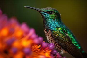 Obraz premium A fiery-throated hummingbird with a shimmering feather coat perched on a branch in the wild. AI Generative