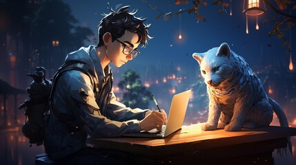 Imaginary Companions: Geeky Boy with Laptop and Magical White Tiger (Illustration)