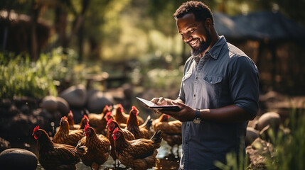 man in the farm surrounded by chickens , holding his phone 