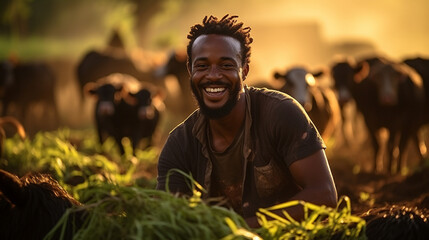 man in the farm surrounded by cows 