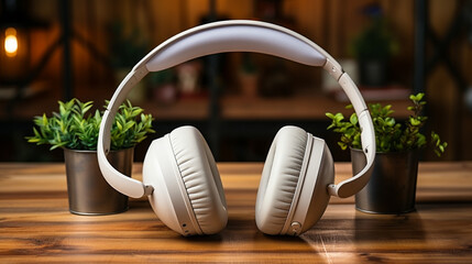 Harmonious Ambiance: White Headphones and Green Plants
