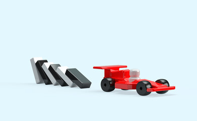 Naklejka premium Red wooden racing car, toy car and domino cubes. 3d render on the theme of motorsport, speed, traffic, business, car dealership, cars. Minimal style, blue background.