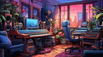City Serenade: Music Studio with Window and Pink Sunset