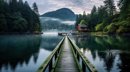  a dock leading to a lake with a house on it.  generative ai - obrazy, fototapety, plakaty