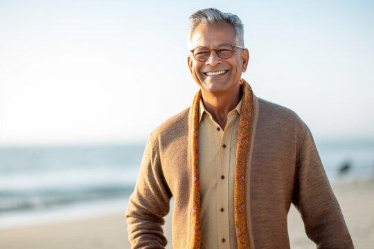 Portrait of smiling senior man standing on beach and looking at camera