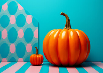 Harvest's Delight: A Pumpkin on a Blue Background, Perfect for Halloween and Seasonal Concepts, copy space