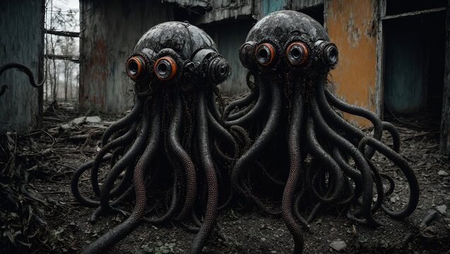 Two large black octopus heads with orange eyes