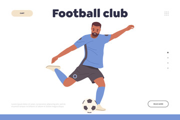 Fototapeta na wymiar Football club landing page design template with man soccer player with ball enjoying game