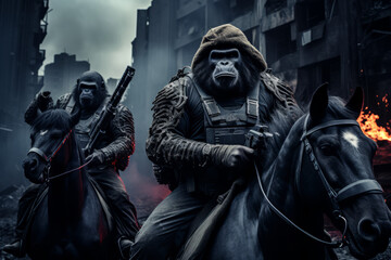 Gorilla soldiers riding on horseback in a post-apocalyptic city