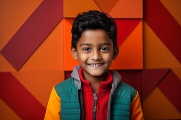 Portrait of a cute little boy smiling at the camera while standing against colorful background