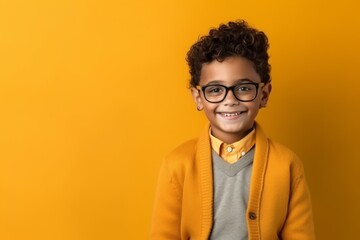 smiling african american boy in eyeglasses on yellow background