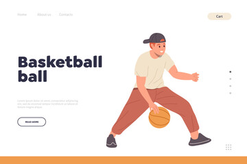 Fototapeta na wymiar Basketball ball landing page design template for online shop store with professional game equipment