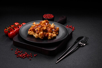 Delicious juicy grilled chicken meat bites with salt, spices and herbs