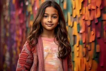 Close up portrait of a cute little girl with long curly hair against colorful wall