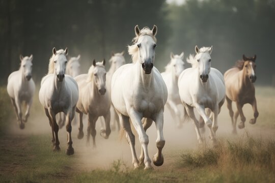 A majestic herd of white horses galloping through a picturesque field