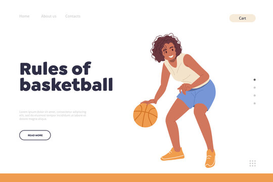 Rules of basketball landing page design template with cheerful sportswoman player character