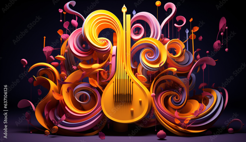Wall mural modern multicolor music background with abstract structure and musical notes, futuristic and surreal