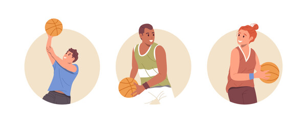 Isolated round frame icon composition with happy sportive people basketball player character