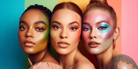 Dynamic trio of fashion influencers joyfully applying rainbow makeup, embodying LGBTQ+ pride and beauty trends against a pristine mirrored background.