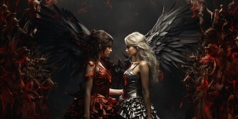fantasy illustration of a bad demonic girl versus white angel girl - obrazy, fototapety, plakaty