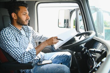 Logistics, delivery car and man with clipboard paperwork or checklist for stock, product...