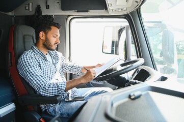 Logistics, delivery car and man with clipboard paperwork or checklist for stock, product...