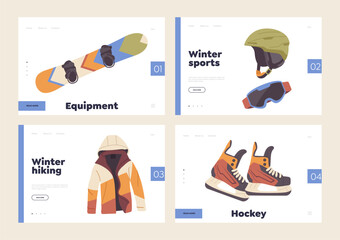 Set of landing page template offering touristic equipment and active wear for winter extreme sport