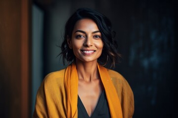 Portrait of a beautiful smiling young woman in a yellow jacket.