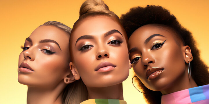 Vibrant Image Of Three Fashion Influencers Joyfully Applying Rainbow Makeup, Embodying LGBTQ+ Pride And Beauty Trends, Set Against A Sleek Mirrored Backdrop.