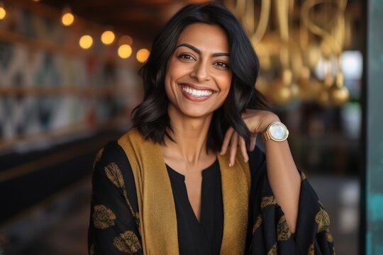 Portrait of a beautiful young woman smiling at the camera in a cafe
