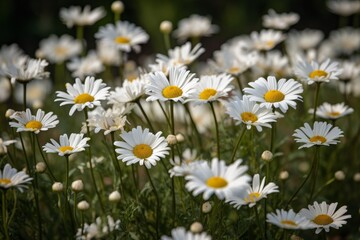 A beautiful field of white daisies with vibrant yellow centers