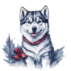 Siberian Husky Santa Hat Vector Illustration Tshirt Design Logo Icon Christmas Greeting Card